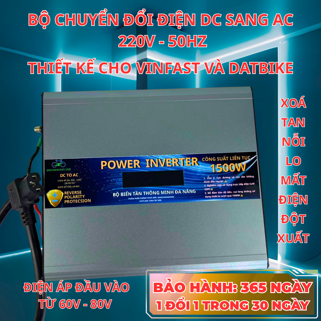 Bộ Chuyển Nguồn Inverter 1500W Cho DatBike & VinFast (60V-80V) | Biến Xe Điện Thành Máy Phát 220V
