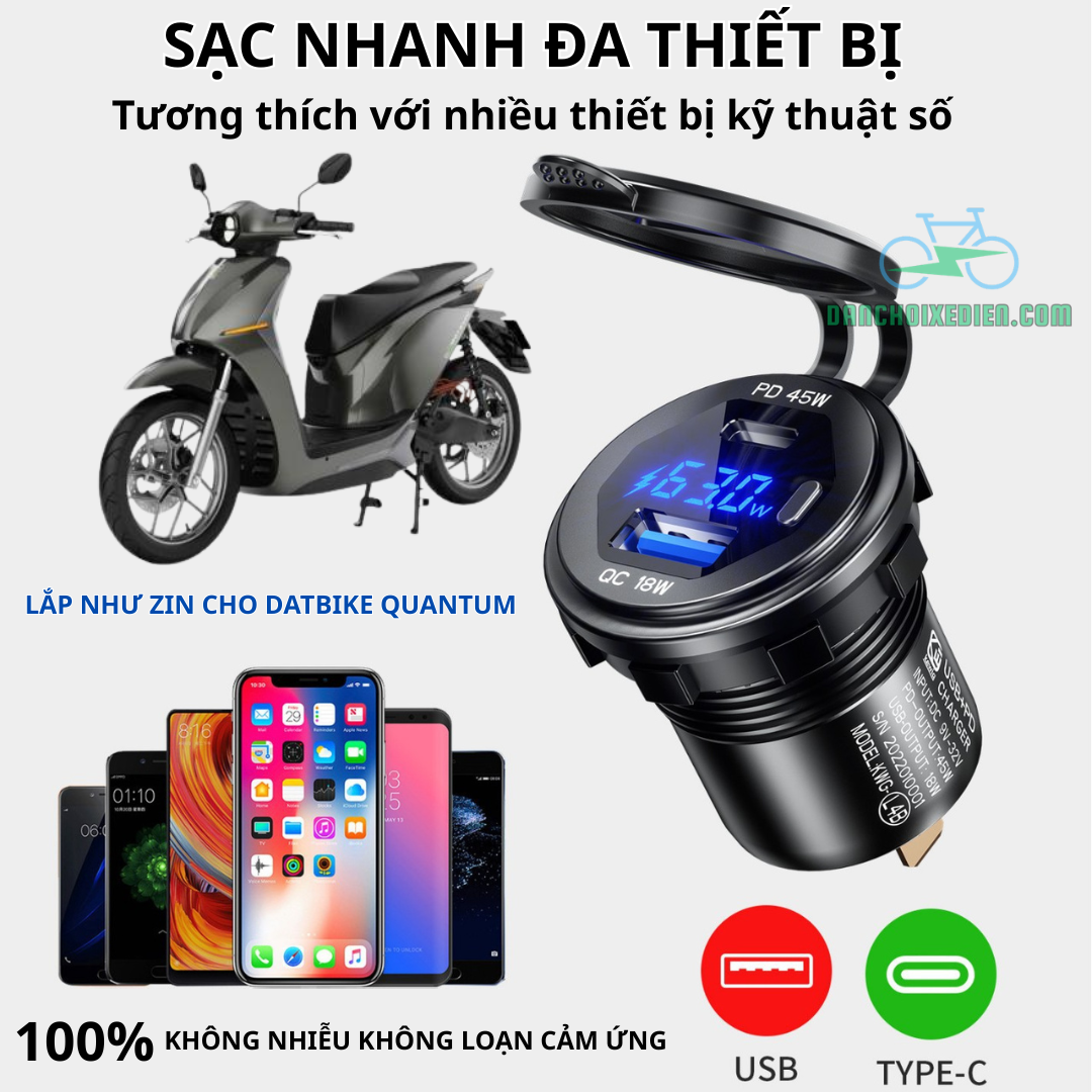 Sạc Nhanh Đa Thiết Bị Cho Xe Máy Điện – USB & Type-C PD 45W, Lắp Zin DatBike Quantum